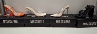 20 X BRAND NEW PAIRS OF ASSORTED MISSGUIDED WOMENS SHOES CONTAINING BLOCK HEEL TIE UP SANDALS IN BLACK , PERSPEX SQUARE TOE WEDGE HEEL IN NUDE , SQUARE TOE TIE UP HEELED SANDALS IN ORANGE , POINTED TOE PERSPEX STILETTO IN NUDE ETC ALL IN SIZE 4 (NOTE - S
