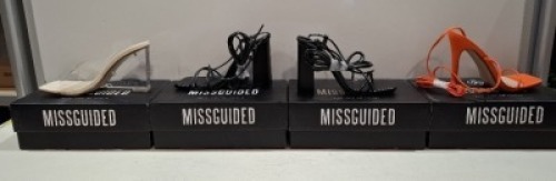20 X BRAND NEW PAIRS OF ASSORTED MISSGUIDED WOMENS SHOES CONTAINING BLOCK HEEL TIE UP SANDALS IN BLACK , SQUARE TOE TIE UP HEELED SANDALS IN ORANGE , BARELY THERE LOW HEEL - FAUX LEATHER IN BLACK , PERSPEX SQUARE TOE WEDGE HEEL IN NUDE ETC ALL IN SIZE 4 (