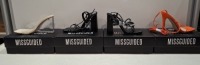 20 X BRAND NEW PAIRS OF ASSORTED MISSGUIDED WOMENS SHOES CONTAINING BLOCK HEEL TIE UP SANDALS IN BLACK , SQUARE TOE TIE UP HEELED SANDALS IN ORANGE , BARELY THERE LOW HEEL - FAUX LEATHER IN BLACK , PERSPEX SQUARE TOE WEDGE HEEL IN NUDE ETC ALL IN SIZE 4 (