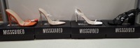 20 X BRAND NEW PAIRS OF ASSORTED MISSGUIDED WOMENS SHOES CONTAINING POINTED TOE PERSPEX STILETTO IN NUDE , BLOCK HEEL TIE UP SANDALS IN BLACK , BARELY THERE LOW HEEL SANDALS IN WHITE , SQUARE TOE TIE UP HEELED SANDALS IN ORANGE ETC ALL IN SIZE 4 (NOTE - S