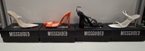 20 X BRAND NEW PAIRS OF ASSORTED MISSGUIDED WOMENS SHOES CONTAINING SQUARE TOE TIE UP HEELED SANDALS IN ORANGE , POINTED TOE PERSPEX STILETTO IN NUDE , BLOCK HEEL TIE UP HEELED SANDALS IN BLACK , BARELY THERE LOW HEEL SANDALS IN WHITE ETC ALL IN SIZE 4 (N