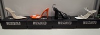 20 X BRAND NEW PAIRS OF ASSORTED MISSGUIDED WOMENS SHOES CONTAINING SQUARE TOE TIE UP HEELED SANDALS IN ORANGE , POINTED TOE PERSPEX STILETTO IN NUDE , BLOCK HEEL TIE UP HEELED SANDALS IN BLACK , BARELY THERE LOW HEEL SANDALS IN WHITE ETC ALL IN SIZE 4 (N