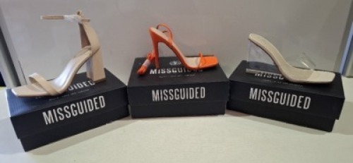 20 X BRAND NEW PAIRS OF ASSORTED MIXED MISSGUIDED WOMENS SHOES CONTAINING WF HIGH HEEL BLOCK BARELY THERE SANDALS IN SAND , SQUARE TOE TIE UP HEELED SANDALS IN ORANGE , PERSPEX SQUARE TOE WEDGE HEEL IN NUDE ETC ALL IN SIZE 4 (NOTE - SOME HAVE SECURITY TAG