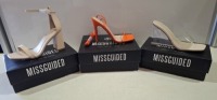 20 X BRAND NEW PAIRS OF ASSORTED MIXED MISSGUIDED WOMENS SHOES CONTAINING WF HIGH HEEL BLOCK BARELY THERE SANDALS IN SAND , SQUARE TOE TIE UP HEELED SANDALS IN ORANGE , PERSPEX SQUARE TOE WEDGE HEEL IN NUDE ETC ALL IN SIZE 4 (NOTE - SOME HAVE SECURITY TAG