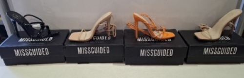 20 X BRAND NEW PAIRS OF ASSORTED MISSGUIDED WOMENS SHOES CONTAINING SQUARE TOE HIGH HEEL UP SANDALS IN SAND , POINTED TOE BARELY THERE PATENT IN BLACK , STRAPPY RING DETAIL HEELED SANDAL IN ORANGE , HIGH HEEL BLOCK BARELY THERE SANDALS IN SAND ETC ALL IN 
