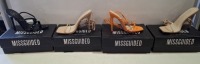 20 X BRAND NEW PAIRS OF ASSORTED MISSGUIDED WOMENS SHOES CONTAINING SQUARE TOE HIGH HEEL UP SANDALS IN SAND , POINTED TOE BARELY THERE PATENT IN BLACK , STRAPPY RING DETAIL HEELED SANDAL IN ORANGE , HIGH HEEL BLOCK BARELY THERE SANDALS IN SAND ETC ALL IN 