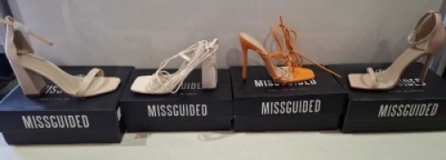 20 X BRAND NEW PAIRS OF ASSORTED MISSGUIDED WOMENS SHOES CONTAINING SQUARE TOE PATENT HEELED SANDAL IN SAND , STRAPPY RING DETAIL HEELED SANDAL IN ORANGE , BLOCK HEEL TIE UP HEELED SANDALS IN CREAM , HIGH HEEL BLOCK BARELY THERE SANDALS IN SAND ETC ALL IN