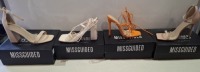 20 X BRAND NEW PAIRS OF ASSORTED MISSGUIDED WOMENS SHOES CONTAINING SQUARE TOE PATENT HEELED SANDAL IN SAND , STRAPPY RING DETAIL HEELED SANDAL IN ORANGE , BLOCK HEEL TIE UP HEELED SANDALS IN CREAM , HIGH HEEL BLOCK BARELY THERE SANDALS IN SAND ETC ALL IN