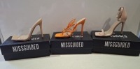20 X BRAND NEW PAIRS OF ASSORTED MISSGUIDED WOMENS SHOES CONTAINING SQUARE TOE PERSPEX HIGH HEEL MULES IN SAND , STRAPPY RING DETAIL HEELED SANDAL IN ORANGE , HIGH HEEL BLOCK BARELY THERE SANDALS IN SAND ETC IN MIXED SIZES 3 AND 4 (NOTE - SOME HAVE SECURI