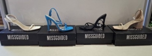 20 X BRAND NEW PAIRS OF ASSORTED MISSGUIDED WOMENS SHOES CONTAINING BARELY THERE LOW HEEL SANDALS IN WHITE , STRAPPY RING DETAIL HEELED SANDAL IN BLUE , POINTED TOE LACE UP BARELY THERE SATIN IN BLACK , MID HEEL BLOCK BARELY THERE IN SAND ETC IN MIXED SIZ
