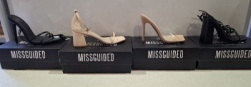 20 X BRAND NEW PAIRS OF ASSORTED MISSGUIDED WOMENS SHOES CONTAINING MID HEEL BLOCK BARELY THERE IN SAND , SQUARE TOE PERSPEX HIGH HEEL MULES IN SAND , BLOCK HEEL TIE UP HEELED SANDALS IN BLACK , POINTED TOE LACE UP BARELY THERE SATIN IN BLACK ETC IN MIXED