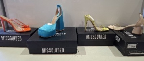 20 X BRAND NEW PAIRS OF ASSORTED MISSGUIDED WOMENS SHOES CONTAINING MID HEEL BLOCK BARELY THERE IN SAND , SATIN BARELY THERE HIGH HEEL IN LIME , SQUARE TOE TIE UP HEELED SANDALS IN ORANGE , EXTREME PLATFORM SATIN HEELED SHOE IN BLUE ETC IN MIXED SIZES 3 A