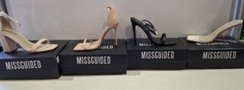 20 X BRAND NEW PAIRS OF ASSORTED MISSGUIDED WOMENS SHOES CONTAINING PERSPEX SQUARE TOE WEDGE HEEL IN NUDE , HIGH HEEL BLOCK BARELY THERE SANDALS IN SAND , SQUARE TOE PATENT HEELED SANDAL IN SAND , BASIC BARELY THERE IN BLACK ETC IN MIXED SIZES 3 ,4 AND 5 