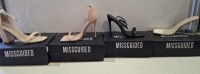 20 X BRAND NEW PAIRS OF ASSORTED MISSGUIDED WOMENS SHOES CONTAINING PERSPEX SQUARE TOE WEDGE HEEL IN NUDE , HIGH HEEL BLOCK BARELY THERE SANDALS IN SAND , SQUARE TOE PATENT HEELED SANDAL IN SAND , BASIC BARELY THERE IN BLACK ETC IN MIXED SIZES 3 ,4 AND 5 