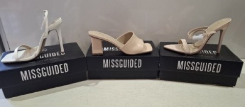 20 X BRAND NEW PAIRS OF ASSORTED MISSGUIDED WOMENS SHOES CONTAINING WF SQUARE TOE BLOCK HEEL MULE SANDALS IN SAND , POINTED TOE PATENT BARELY THERE IN NUDE , WF BARELY THERE SQUARE TOE HIGH HEELS IN WHITE ETC IN MIXED SIZES 3 AND 5 (NOTE - SOME HAVE SECUR