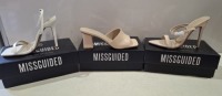 20 X BRAND NEW PAIRS OF ASSORTED MISSGUIDED WOMENS SHOES CONTAINING WF SQUARE TOE BLOCK HEEL MULE SANDALS IN SAND , POINTED TOE PATENT BARELY THERE IN NUDE , WF BARELY THERE SQUARE TOE HIGH HEELS IN WHITE ETC IN MIXED SIZES 3 AND 5 (NOTE - SOME HAVE SECUR