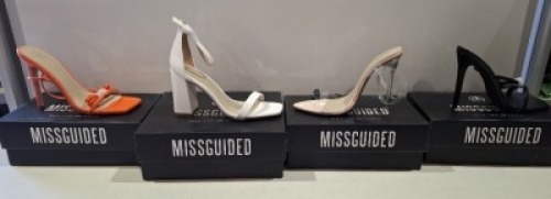 20 X BRAND NEW PAIRS OF ASSORTED MISSGUIDED WOMENS SHOES CONTAINING WF MID ILLUSION HEEL CLEAR SANDALS IN NUDE , BASIC BARELY THERE IN BLACK , POINTED TOE PERSPEX STILETTO IN NUDE , SQUARE TOE TIE UP HEELED SANDALS IN ORANGE ETC IN MIXED SIZES 3 AND 5 (NO