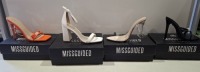 20 X BRAND NEW PAIRS OF ASSORTED MISSGUIDED WOMENS SHOES CONTAINING WF MID ILLUSION HEEL CLEAR SANDALS IN NUDE , BASIC BARELY THERE IN BLACK , POINTED TOE PERSPEX STILETTO IN NUDE , SQUARE TOE TIE UP HEELED SANDALS IN ORANGE ETC IN MIXED SIZES 3 AND 5 (NO