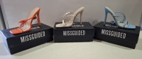20 X BRAND NEW PAIRS OF ASSORTED MISSGUIDED WOMENS SHOES CONTAINING SQUARE TOE TIE UP HEELED SANDALS , WF BARELY THERE SQUARE TOE HIGH HEELS IN MIXED COLOURS BLUE , NUDE AND ORANGE ETC IN MIXED SIZES 3 AND 5 (NOTE - SOME HAVE SECURITY TAGS)