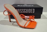 20 X BRAND NEW PAIRS OF ASSORTED MISSGUIDED WOMENS SHOES CONTAINING BLOCK HEEL TIE UP SANDALS , SQUARE HEEL TIE UP SANDALS ALL IN ORANGE ETC IN MIXED SIZES 3 AND 5 (NOTE - SOME HAVE SECURITY TAGS)