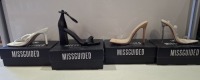 20 X BRAND NEW PAIRS OF ASSORTED MISSGUIDED WOMENS SHOES CONTAINING POINTED TOE PERSPEX STILETTO IN NUDE , SQUARE TOE PERSPEX HIGH HEEL MULES IN SAND , BARELY THERE LOW HEEL SANDALS IN WHITE , WIDE FIT HIGH HEEL BLOCK BARELY THERE IN BLACK ETC IN SIZE 5 A