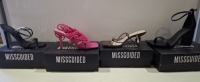 20 X BRAND NEW PAIRS OF ASSORTED MISSGUIDED WOMENS SHOES CONTAINING WIDE FIT HIGH HEEL BLOCK BARELY THERE IN BLACK , CROCHET TIE UP HEELED SANDAL IN HOT PINK , BASIC BARELY THERE IN BLACK , SQUARE TOE STRAPPY TIE UP MID HEELS IN CHOCOLATE IN MIXED SIZES 5
