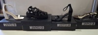 20 X BRAND NEW PAIRS OF ASSORTED MISSGUIDED WOMENS SHOES CONTAINING SQUARE TOE STRAPPY TIE UP MID HEELS IN CHOCOLATE , BARELY THERE LOW HEEL SANDALS IN WHITE , CHUNKY CROC GLADIATOR FLAT SHOE IN BLACK , WIDE FIT HIGH HEEL BLOCK BARELY THERE IN BLACK ETC I