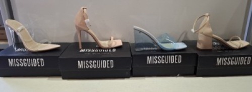 20 X BRAND NEW PAIRS OF ASSORTED MISSGUIDED WOMENS SHOES CONTAINING POINTED TOE PERSPEX STILETTO IN NUDE , SQUARE TOE PATENT HEELED SANDAL IN SAND , PERSPEX SQUARE TOE WEDGE HEEL IN BLUE , MID HEEL BLOCK BARELY THERE IN SAND ETC IN MIXED SIZES 6 AND 7 (N