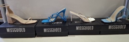 20 X BRAND NEW PAIRS OF ASSORTED MISSGUIDED WOMENS SHOES CONTAINING BARELY THERE LOW HEEL SANDALS IN WHITE , STRAPPY RING DETAIL HEELED SANDAL IN BLUE , SQUARE TOE TIE UP HEELED SANDALS IN BLUE , MID HEEL BLOCK BARELY THERE IN SAND ETC IN MIXED SIZES 4 , 