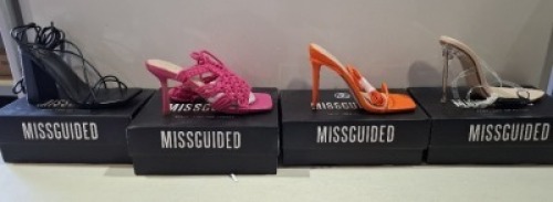 20 X BRAND NEW PAIRS OF ASSORTED MISSGUIDED WOMENS SHOES CONTAINING SQUARE TOE TIE UP HEELED SANDLS IN ORANGE , POINTED TOE PERSPEX STILETTO IN NUDE , BLOCK HEEL TIE UP HEELED SANDLS IN BLACK , CROCHET TIE UP HEELED SANDAL IN HOT PINK ETC IN MIXED SIZES 6
