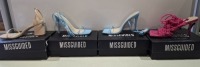 20 X BRAND NEW PAIRS OF ASSORTED MISSGUIDED WOMENS SHOES CONTAINING CROCHET TIE UP HEELED SANDAL IN HOT PINK , SQUARE TOE TIE UP HEELED SANDALS IN BLUE , HIGH HEEL BLOCK BARELY THERE SANDALS IN SAND , EXTREME PLATFORM SATIN HEELED SHOE IN BLUE ETC IN MIXE