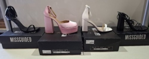 20 X BRAND NEW PAIRS OF ASSORTED MISSGUIDED WOMENS SHOES CONTAINING EXTREME PLATFORM SATIN HEEL SHOE IN PINK , HIGH HEEL BLOCK BARELY THERE SANDALS IN WHITE , SQUARE TOE PATENT HEELED SANDAL IN BLACK , BLOCK HEEL TIE UP HEELED SANDAL IN BLACK ETC IN MIXED