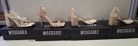 20 X BRAND NEW PAIRS OF ASSORTED MISSGUIDED WOMENS SHOES CONTAINING MID HEEL BLOCK BARELY THERE IN SAND , SQUARE TOE PATENT HEELED SANDAL IN SAND , BLOCK HEEL TIE UP SANDAL IN CREAM , HIGH HEEL BLOCK BARELY THERE SANDALS IN SAND ETC IN MIXED SIZES 6 AND 8