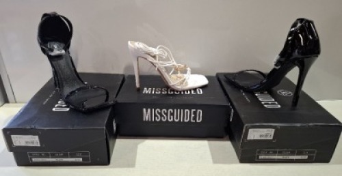 20 X BRAND NEW PAIRS OF ASSORTED MISSGUIDED WOMENS SHOES CONTAINING ENTRY BLOCK HEELED SANDALS IN BLACK , STRAPPY RING DETAIL HEELED SANDALS IN WHITE , SQUARE TOE PATENT HEELED SANDAL IN BLACK ETC IN MIXED SIZES 6 AND 8 (NOTE - SOME HAVE SECURITY TAGS)