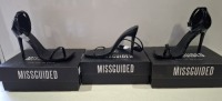 20 X BRAND NEW PAIRS OF ASSORTED MISSGUIDED WOMENS SHOES CONTAINING BLOCK HEEL TIE UP SANDALS , BARELY THERE LOW HEEL - FAUX LEATHER , SQUARE TOE PATENT HEELED SANDAL , ENTRY BLOCK HEELED SANDAL ALL IN BLACK ETCIN MIXED SIZES 6 AND 8 (NOTE - SOME HAVE 