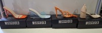 20 X BRAND NEW PAIRS OF ASSORTED MISSGUIDED WOMENS SHOES CONTAINING STRAPPY RING DETAIL HEELED SANDAL IN ORANGE , SQUARE TOE TIE UP HEELED SANDALS IN ORANGE , PERSPEX SQUARE TOE WEDGE HEEL IN BLUE , MID HEEL BLOCK BARELY THERE IN SAND ETC IN MIXED SIZES 6