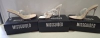 20 X BRAND NEW PAIRS OF ASSORTED MISSGUIDED WOMENS SHOES CONTAINING STRAPPY RING DETAIL HEELED SANDALS IN WHITE , WIDE FIT MID CLEAR HEEL BLOCK SHOE IN NUDE , POINTED TOE PERSPEX STILETTO IN NUDE , WF MID ILLUSION HEEL CLEAR SANDALS IN NUDE ETC IN MIXED S