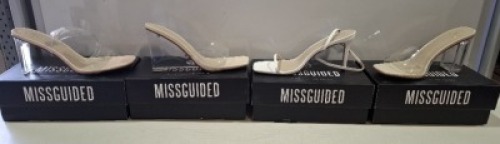 20 X BRAND NEW PAIRS OF ASSORTED MISSGUIDED WOMENS SHOES CONTAINING WIDE FIT HEEL BLOCK IN NUDE , PERSPEX SQUARE TOE WEDGE HEEL IN NUDE , BARELY THERE LOW HEEL SANDALS IN WHITE , WF MID ILLUSION HEEL CLEAR SANDALS IN NUDE ETC IN MIXED SIZES 6 AND 7 (NOTE