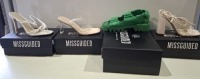 20 X BRAND NEW PAIRS OF ASSORTED MISSGUIDED WOMENS SHOES CONTAINING GREEN SANDALS, STRAPPY RING DETAILED HEELED SANDALS IN WHITE , BLOCK HEEL TIE UP HEELED SANDALS IN CREAM , WIDE FIT MID CLEAR HEEL BLOCK IN NUDE ETC IN MIXED SIZES 6 AND 7 (NOTE - SOME HA