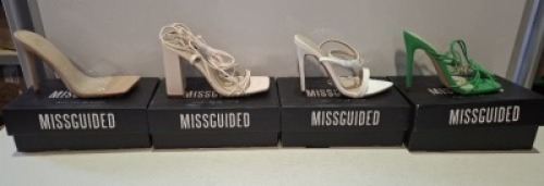 20 X BRAND NEW PAIRS OF ASSORTED MISSGUIDED WOMENS SHOES CONTAINING PATENT POINTED TOE HEELED SANDAL IN WHITE , BLOCK HEEL TIE UP HEELED SANDALS IN CREAM , SQUARE TOE PERSPEX HIGH HEEL MULES IN SAND , STRAPPY RING DETAIL HEELED SANDAL IN GREEN ETC ALL IN 