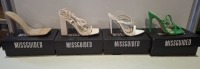 20 X BRAND NEW PAIRS OF ASSORTED MISSGUIDED WOMENS SHOES CONTAINING PATENT POINTED TOE HEELED SANDAL IN WHITE , BLOCK HEEL TIE UP HEELED SANDALS IN CREAM , SQUARE TOE PERSPEX HIGH HEEL MULES IN SAND , STRAPPY RING DETAIL HEELED SANDAL IN GREEN ETC ALL IN 