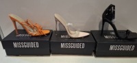 20 X BRAND NEW PAIRS OF ASSORTED MISSGUIDED WOMENS SHOES CONTAINING SQUARE TOE BLOCK HEEL MULE SANDALS IN BLACK , POINTED TOE PERSPEX STILETTO IN NUDE , STRAPPY RING DETAIL HEELED SANDAL IN ORANGE , WF SATIN POINTED LACE UP BARELY THERE ETC IN MIXED SIZES
