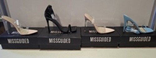 20 X BRAND NEW PAIRS OF ASSORTED MISSGUIDED WOMENS SHOES CONTAINING SQUARE TOE TIE UP HEELED SANDALS IN BLUE , BLOCK HEEL TIE UP HEELED SANDALS IN BLACK , POINTED TOE PERSPEX STILETTO IN NUDE , WF MID ILLUSION HEEL CLEAR SANDALS IN NUDE ETC IN MIXED SIZE
