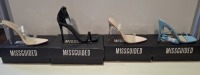 20 X BRAND NEW PAIRS OF ASSORTED MISSGUIDED WOMENS SHOES CONTAINING SQUARE TOE TIE UP HEELED SANDALS IN BLUE , BLOCK HEEL TIE UP HEELED SANDALS IN BLACK , POINTED TOE PERSPEX STILETTO IN NUDE , WF MID ILLUSION HEEL CLEAR SANDALS IN NUDE ETC IN MIXED SIZE