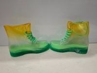 36 X BRAND NEW CLEAR WELLY BOOTS IN ORANGE / GREEN IN MIXED SIZES 4, 5 , 6, 7 & 8 IN THREE BOXES.