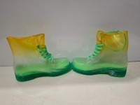 36 X BRAND NEW CLEAR WELLY BOOTS IN ORANGE / GREEN IN MIXED SIZES 4, 5 , 6, 7 & 8 IN THREE BOXES.
