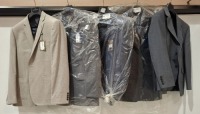 25 X BRAND NEW MIXED BLAZERS LOT CONTAINING 7 SIMON CARTER LONDON BLAZERS IN BROWN/GREY , BLUE AND DARK RED IN SIZES 44 REG , 40 LARGE , 8 ASHTON AND GUNN BLAZERS IN GREY/NAVY IN SIZES 38 LONG , 40 LONG , 42 SHORT , 42 REG , 38 SHORT AND 38 LONG , 8 PIER