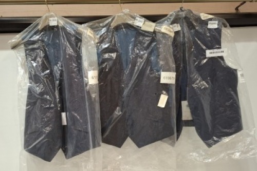 27 X BRAND NEW MIXED ALEXANDER AND RICHARD WAISTCOATS IN BLUE /NAVY BLUE IN SIZES 40 REG , 36 REG , 44 REG AND 46 REG ETC ON HALF A RACK