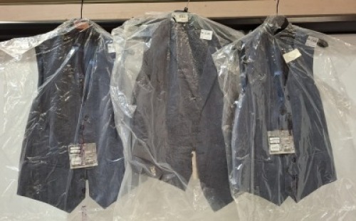 27 X BRAND NEW MIXED WAISTCOASTS CONTAINING PIERRE CARDIN, LIMEHAUS , RACING GREEN , ALEXANDER OF ENGLAND IN VARIOUS COLOURS NAVY BLUE , BLUE , GREY AND BLACK IN VARIOUS SIZES 44 REG , 40 REG , 38 REG AND 50 REG ETC ON HALF A RACK