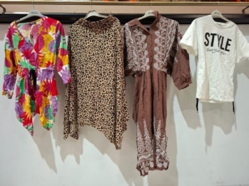 30 X BRAND NEW MIXED WOMENS CLOTHING LOT CONTAINING NEW FAVOR LONG SKIRT IN A LEOPARD PRINT IN LARGE , ACTUEL SHORT FLORAL DRESS IN MEDIUM , ZARA SHORTS IN BLACK IN XL , ACTUEL LONG DRESS IN BROWN IN SIZE SMALL ETC IN ONE BOX